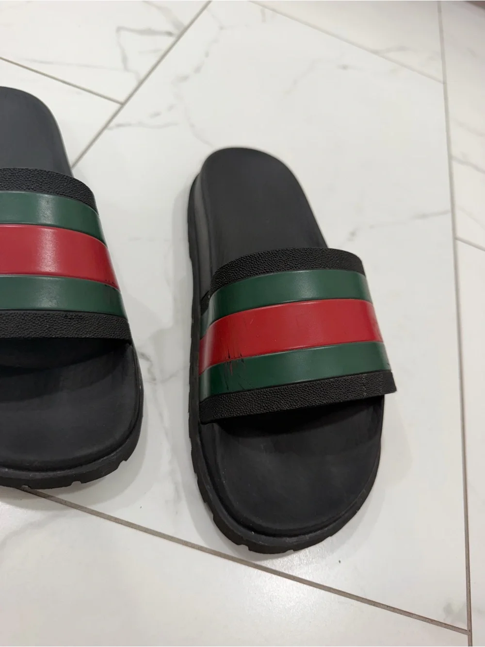 Men's Black Slide Sandals with Red and Green Stripes